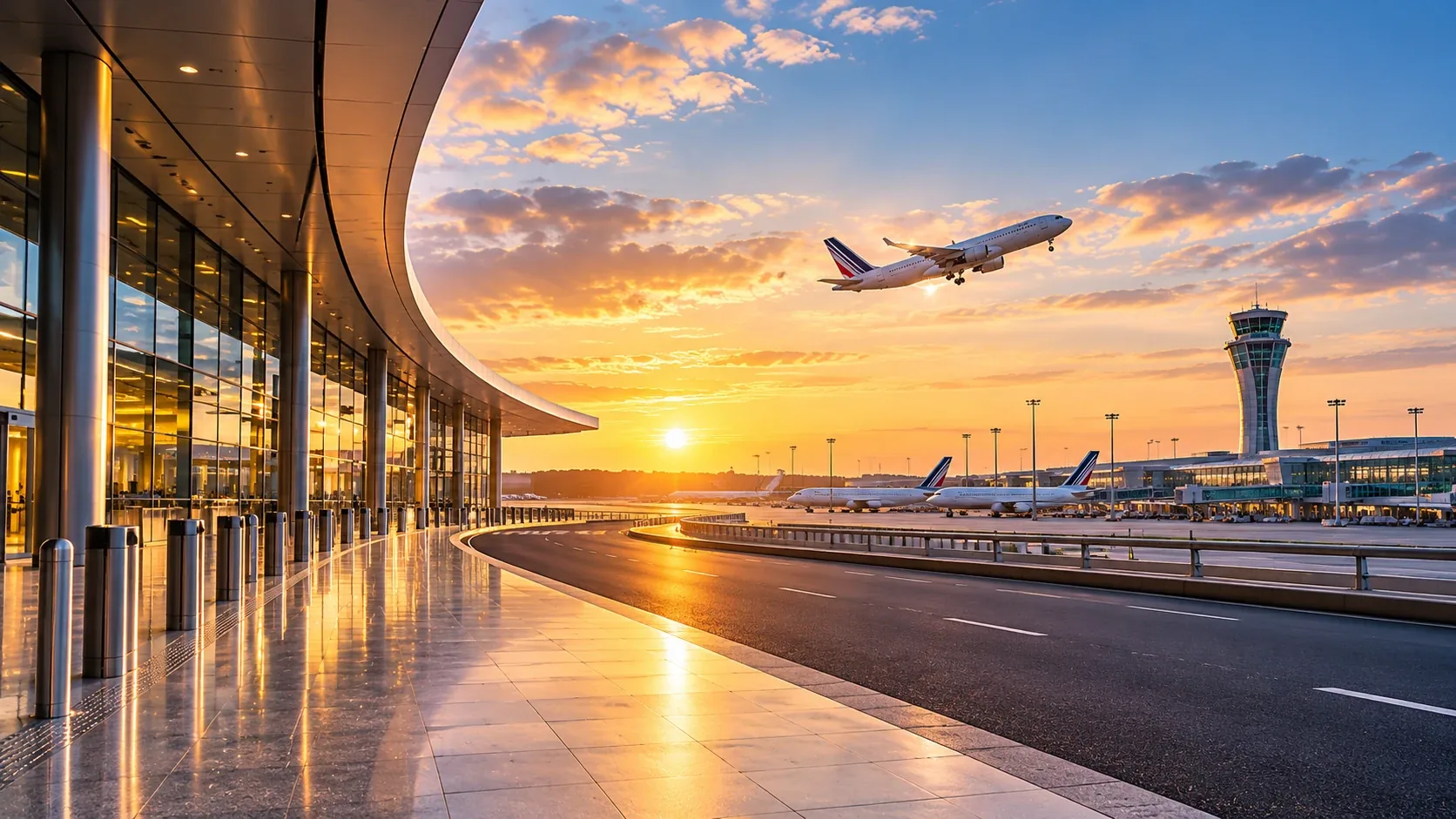 Avions sur le tarmac d'un aéroport parisien au coucher du soleil