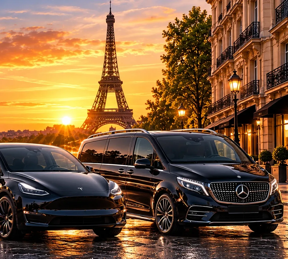 Berline et van Hoppla devant la tour Eiffel au coucher du soleil